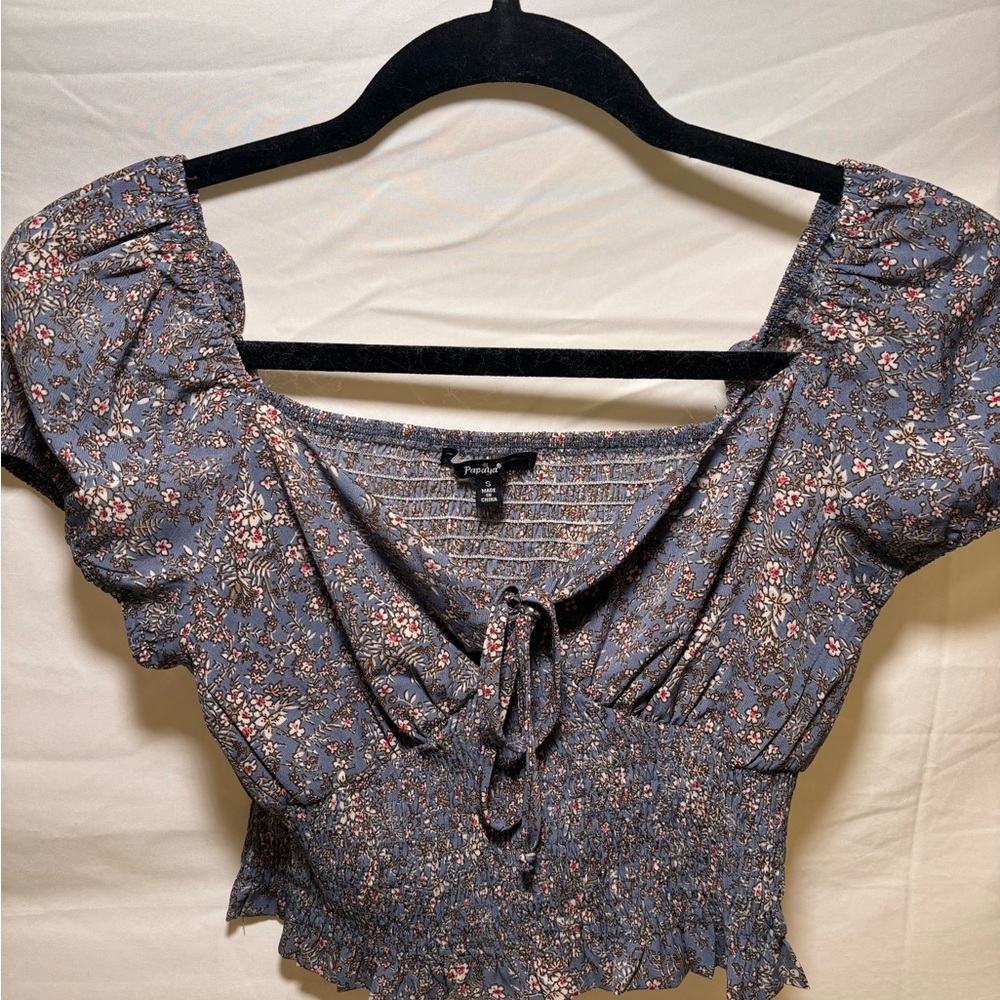 Papaya Blue Floral Puff Sleeve Blouse